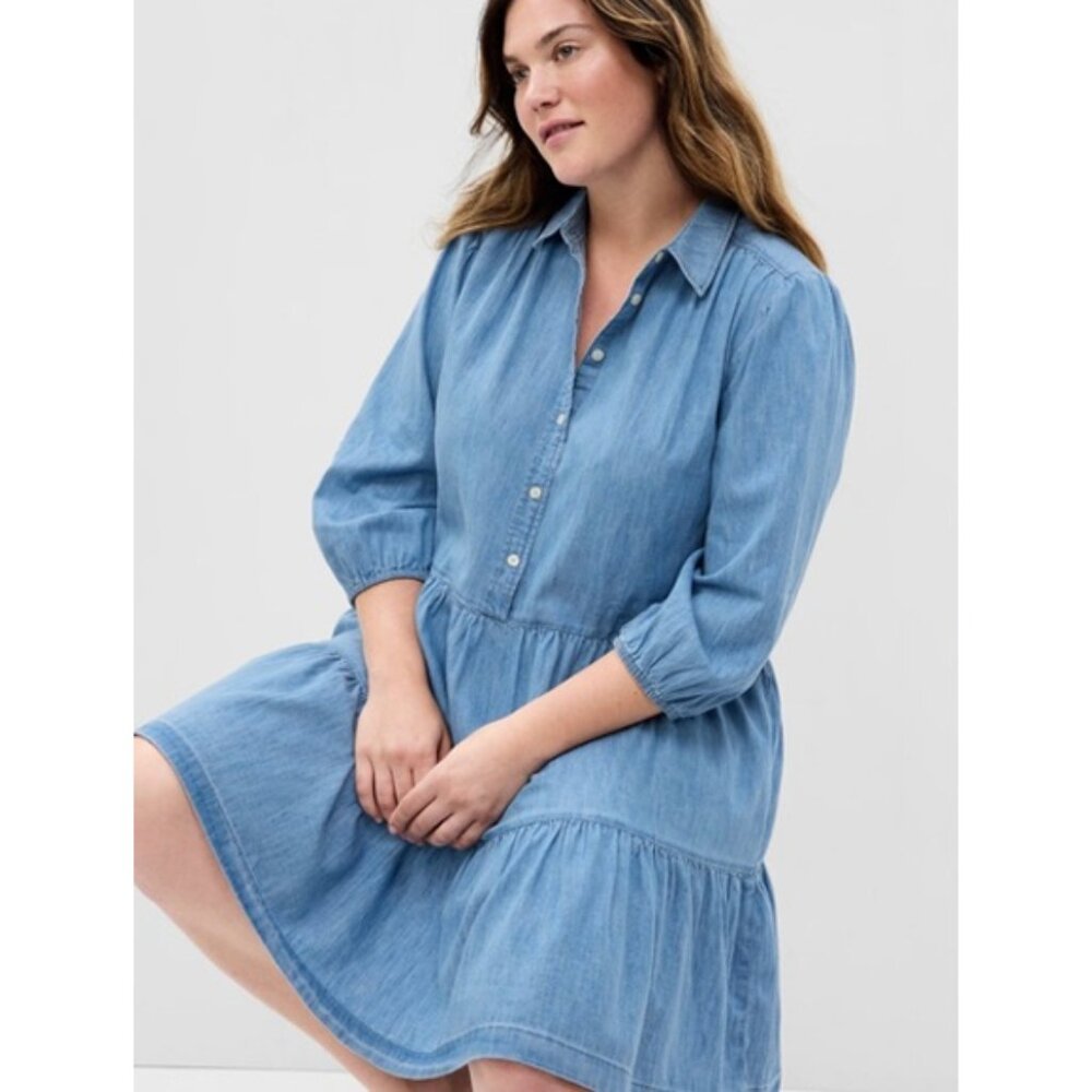 NEW Gap Puff Sleeve Denim Mini Shirtdress M Tall Long Chambray Tiered Boho $80 - Picture 2 of 15